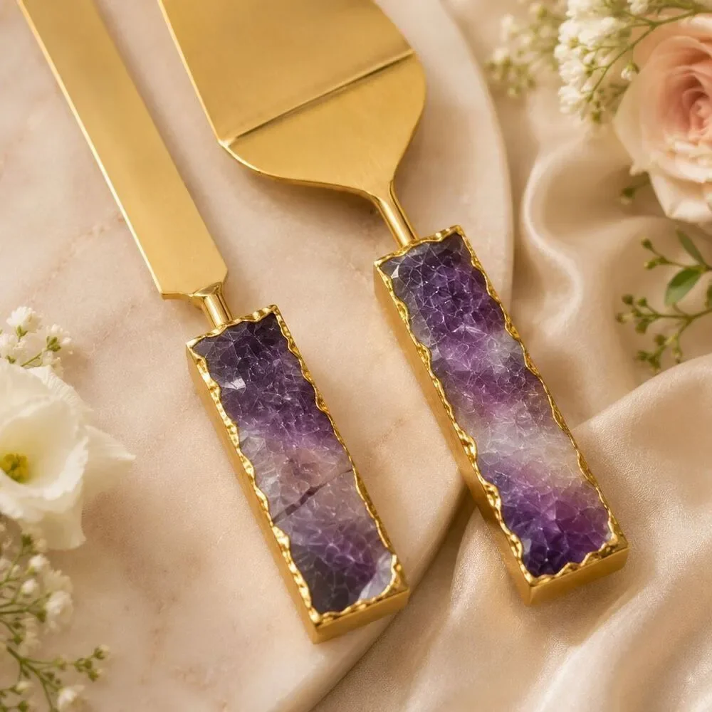 Anthropologie Agate Amethyst Cake Server Knife Set Gold Tone Wedding NWT Gift